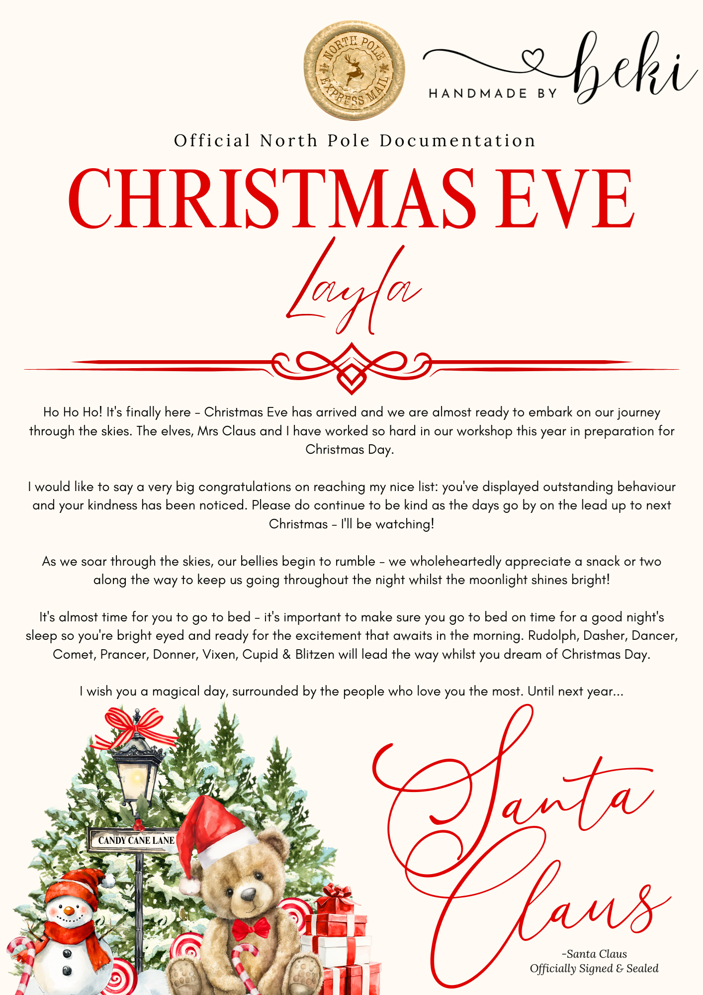 Christmas Eve Letter From Santa - Candy Cane Lane Bear Design