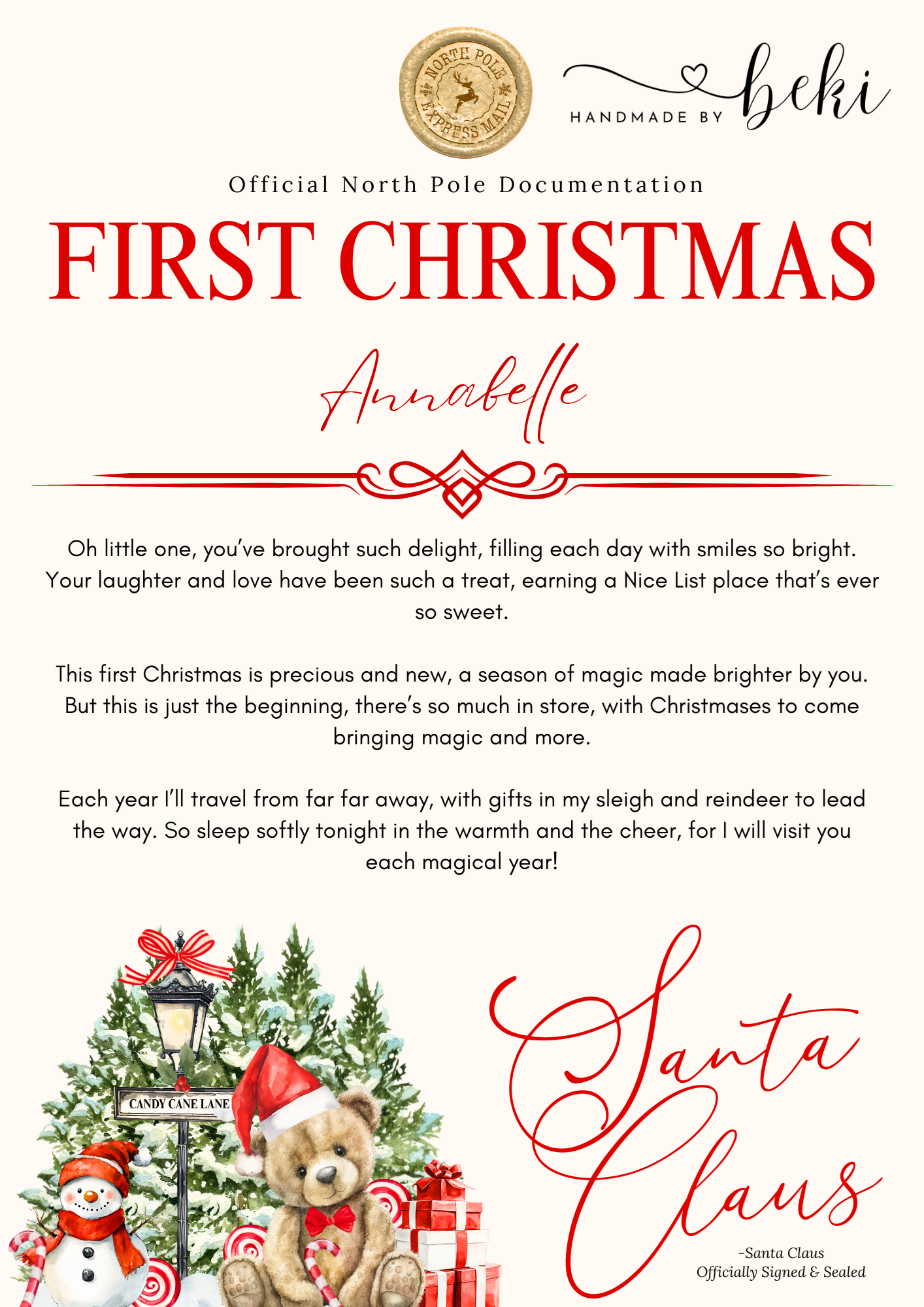 First Christmas Letter - Candy Cane Lane Bear Design