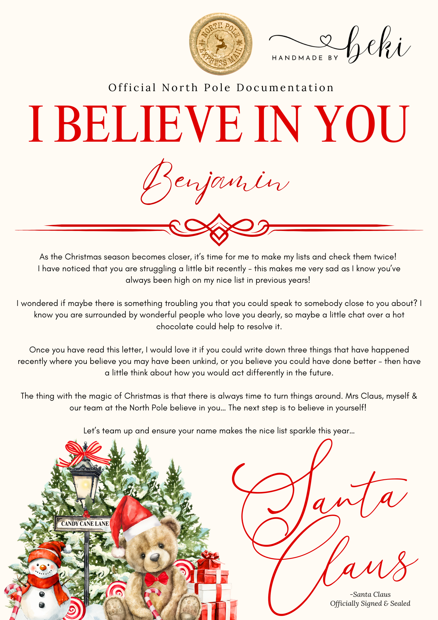 I Believe In You Letter From Santa - Candy Cane Lane Bear Design