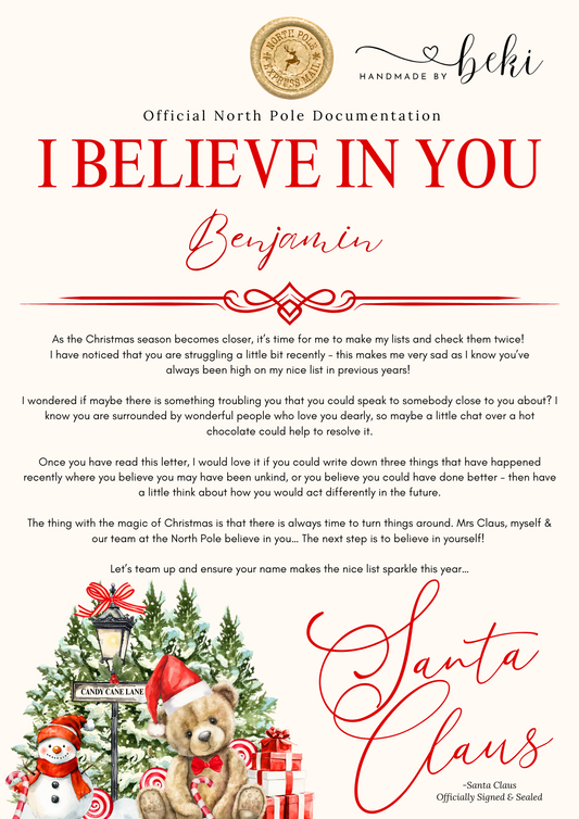 I Believe In You Letter From Santa - Candy Cane Lane Bear Design