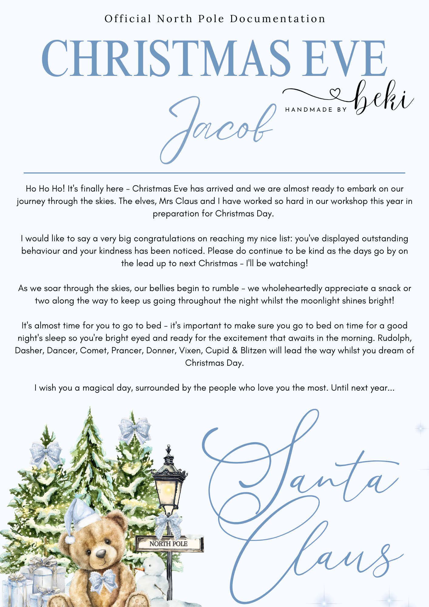 Christmas Eve Letter From Santa - North Pole Bear Design
