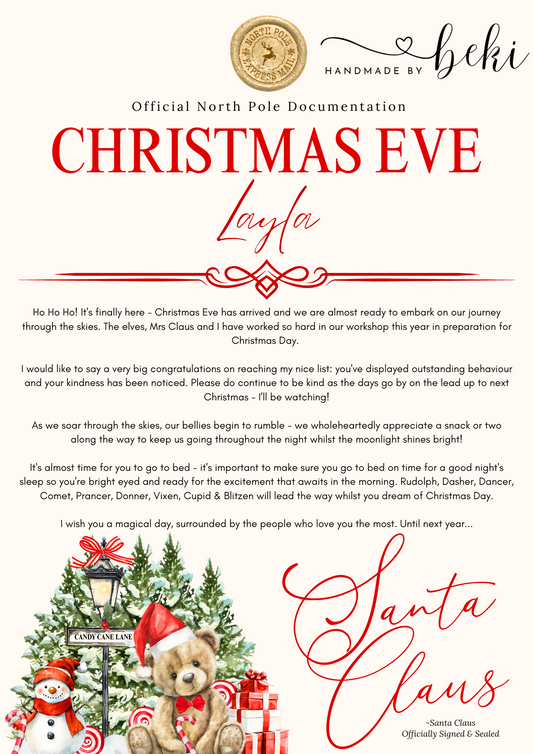 Christmas Eve Letter From Santa - Candy Cane Lane Bear Design