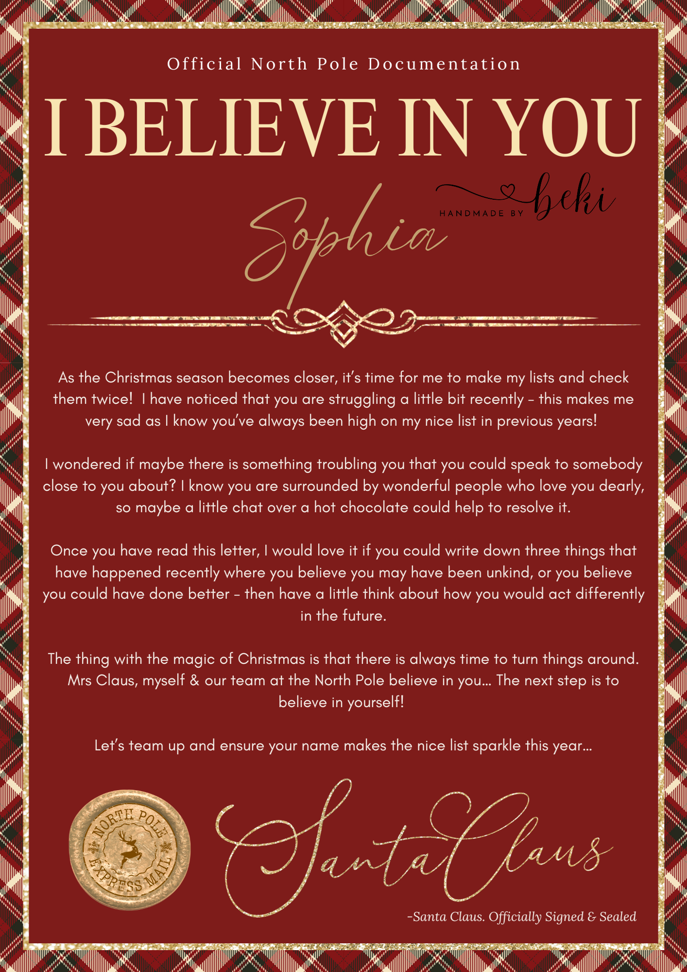I Believe In You Letter From Santa - Red Tartan Design