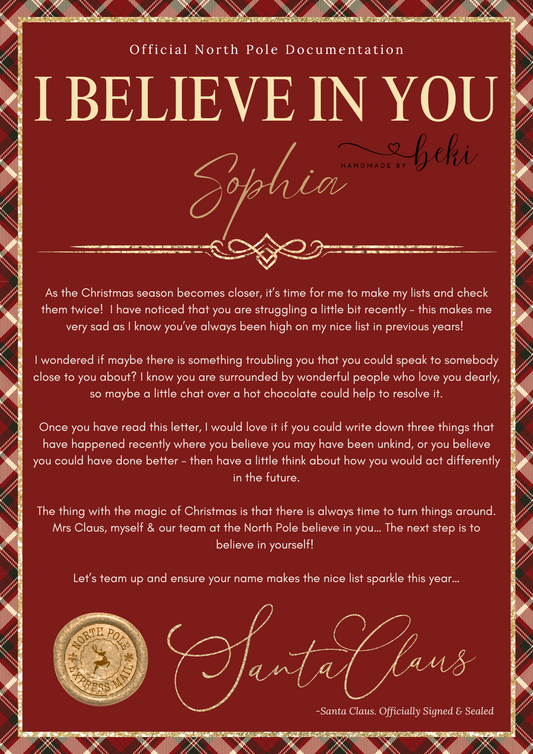 I Believe In You Letter From Santa - Red Tartan Design